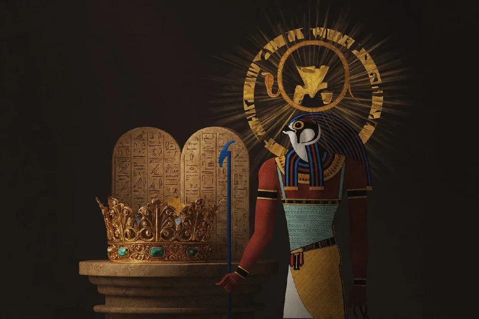 Horus and a ceremonial gold crown in Egyptian-inspired Jackpot King artwork