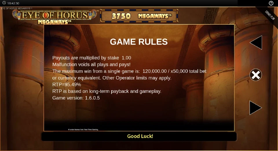Eye of Horus Megaways rules and RTP screen