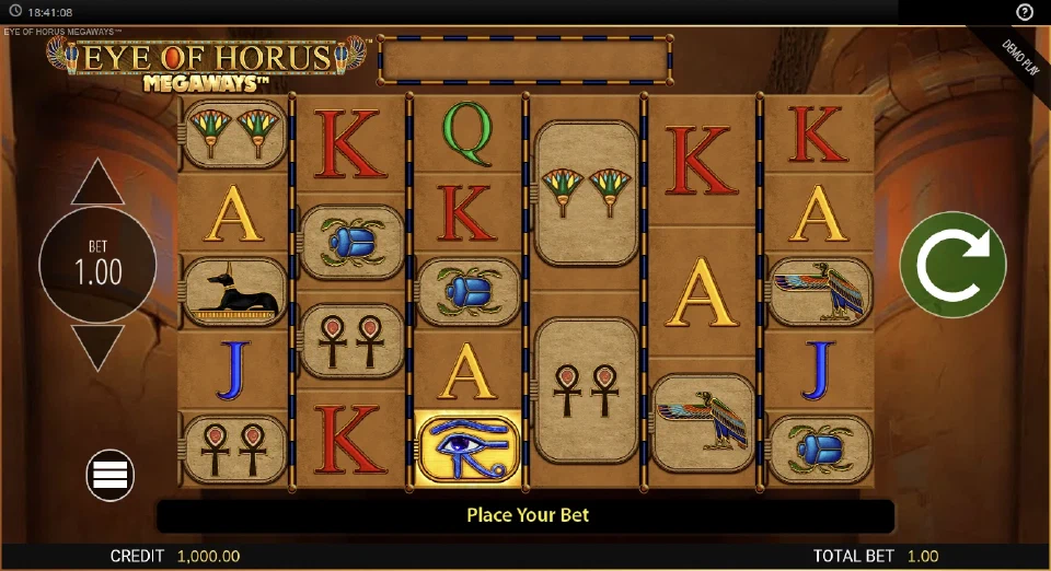 Eye of Horus Megaways demo with six reels and the total bet display
